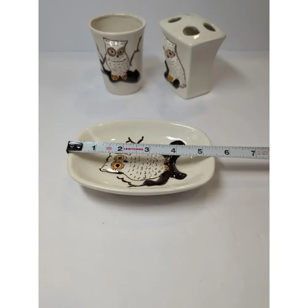 Vintage Ceramic 3D Owl Bathroom Set 1970's Hand painted